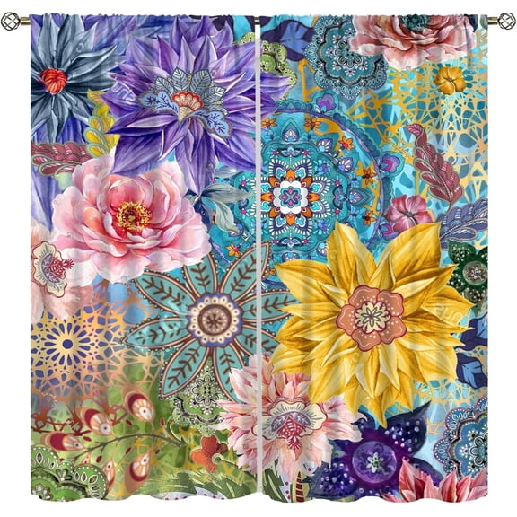 Boho Floral Curtains Rustic Bohemian Flower Colorful Mandala Plants Spring India Aesthetic Art Printed Living Room Window Drapes Treatment Fabric 84 x84 Blackout