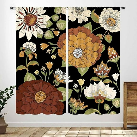 Boho Floral Curtains, Spring Summer Vintage Flowers Mid Century Modern Abstract Tropical Plant Leaves Window Treatments For Bedroom Living Room Kitchen Bathroom 42"W x 108"L (Pack of 2)