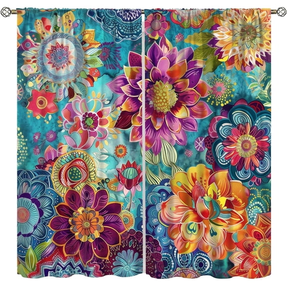 Boho Floral Curtains, Vintage Abstract Oil Painting Colourful Art Bohemian Medieval Hippy Plant Flower Blackout Window Treatments, Thermal Insulated Drapes For Kitchen Living Room Bedroom 84x84in