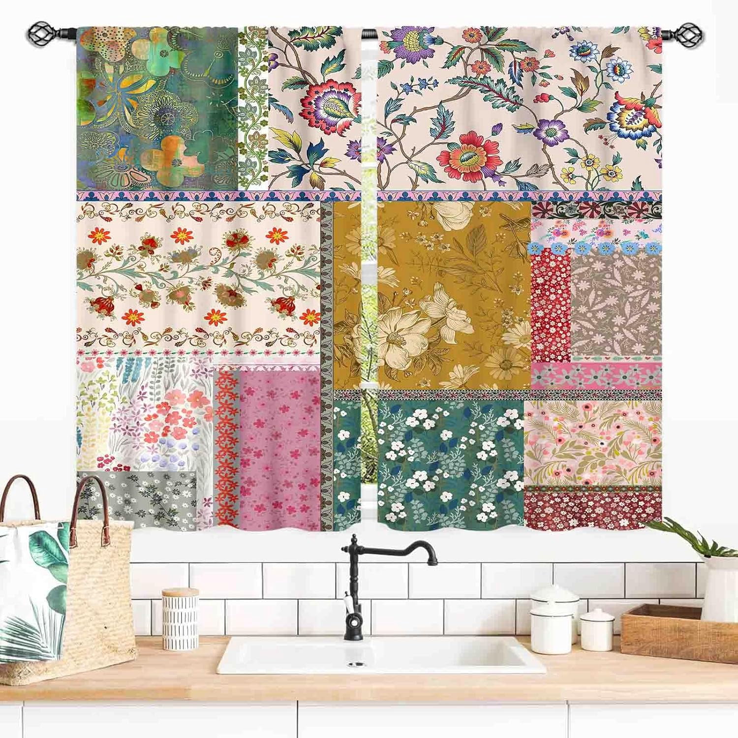 Boho Floral Curtains, Vintage Patchwork Flower Bohemian Colorful Spring Retro Pattern Stitching Bohemian Window Curtains for Living Room Bedroom Kitchen Bathroom 2 Panels, 55x39 Inch