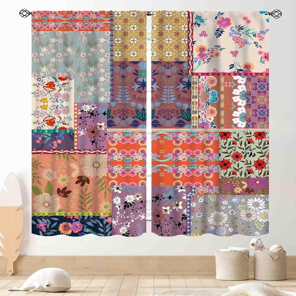Boho Floral Curtains, Vintage Patchwork Flower Bohemian Colorful Spring Retro Pattern Stitching Bohemian Window Curtains for Living Room Bedroom Kitchen Bathroom 2 Panels, 63x63 Inch
