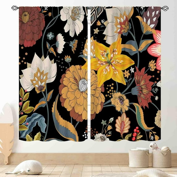 Boho Floral Curtains, Vintage Tropical Leaves Mandala Black Flower Indian Bohemian Paisley Colorful Wildflower Spring Window Curtains for Living Room Bedroom Kitchen Bathroom 2 Panels, 84"x63" Inch