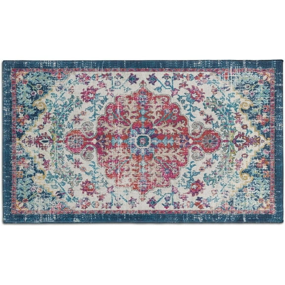 Boho Floral Decor Rug, Vintage Bohemian Rug for Bathroom Kitchen Bedroom Laundry Bedside, Non-Slip Washable Small Bath Rug, Entryway Floor Door Mat 17x30 Inch Red