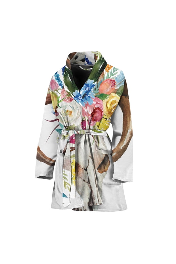 Boho Floral Deer Skull Women Bathrobe One Size Univeral Fits, Skull Lover Gifts Fashion Lightweight Plush Fleece Long Robe For Women