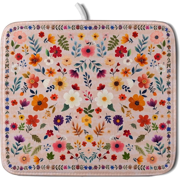 Boho Floral Dish Drying Mat - Pink Wildflower Absorbent Microfiber Kitchen Counter Pad for Home Coffee Bar Decor