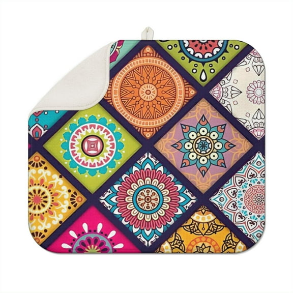 Boho Floral Dish Drying Mat for Kitchen Counter 16x18 Inch Super Absorbent Microfiber Reusable Washable Dish Drainer Pad for Home and Coffee Bar