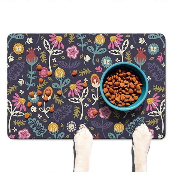 Boho Floral Dog Bowl Mat - Abstract Watercolor, Waterproof Pet Food Mat