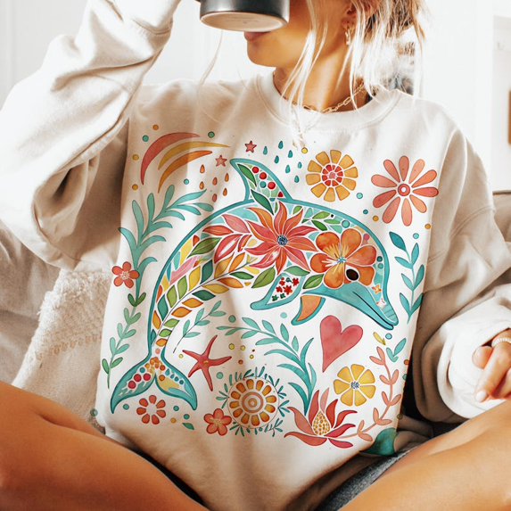 Boho Floral Dolphin Sweatshirt, Summer Toddler Pullover, Beach Animal Sweater, Nautical Fisherman Style Top, Cute Kids Summer Shirt