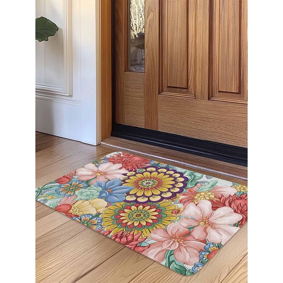Boho Floral Door Mat,Non-Slip Welcome Mat Absorbent Front Door with Rubber,Bohemia Country Colorful Mandalas Flower Doormat Outdoor Indoor Entrance,Floor Rug Decor for Entryway Patio Kitchen,16x24 in