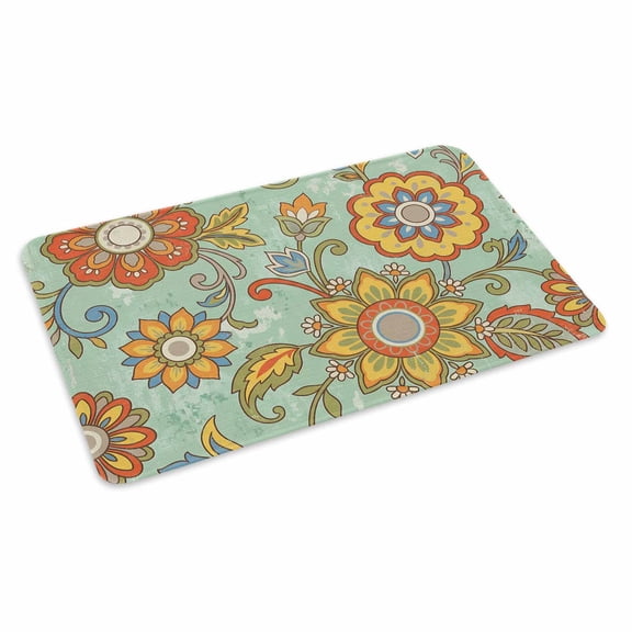 Boho Floral Doormat Yellow Orange Flower Leaf Retro Abstract Green Non Slip Low Profile Rubber Door Mat Washable Absorbent Indoor Front Door Mat Entryway Rug Entrance Carpet 24x36 Inch