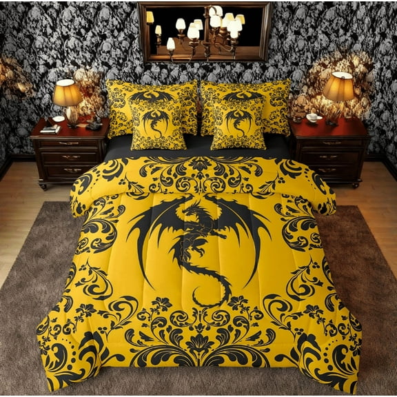 Boho Floral Dragon Full Bed In A Bag 7 Piece Black Yellow Gothic Damask Animal Bedding Set Bohemian Exotic Goth Comforter Set With Sheets Adults Baroque Flower Bed Set