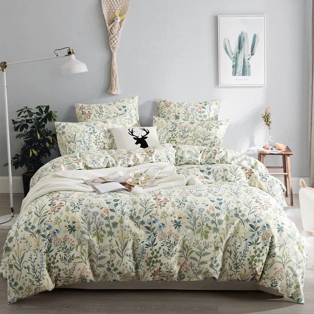 Boho Floral Duvet Cover Green Botanical Bedding Set with Colorful Flower Print Pattern Soft Microfiber Comforter Cover