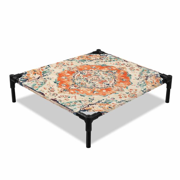 Boho Floral Elevated Dog Bed, Orange Theme Abstract Traditional Ethnic Flowers Cooling Breathable Outdoor Raised Dog Cot Bed with Metal Frame Non-Slip Feet for Small Dog 20x20in