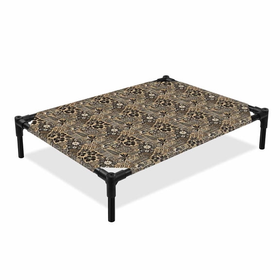 Boho Floral Elevated Dog Bed, Rustic Bohemian Tribal Brown Flowers Monstera Leaf Cooling Breathable Outdoor Raised Dog Cot Bed with Metal Frame Non-Slip Feet for Medium Dog 24x20in