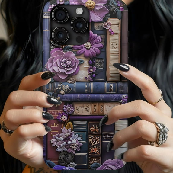 Boho Floral Embroidered Purple Bookshelf Case for iPhone 17 11 12 13 14 15 16 Pro Max