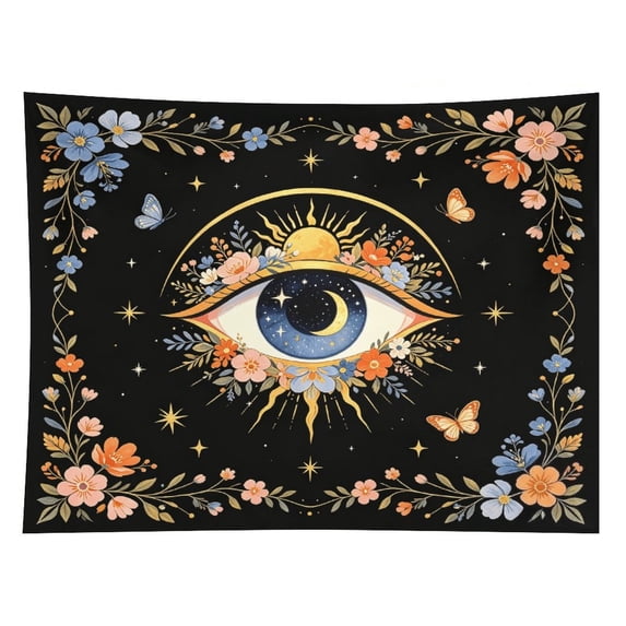 Boho Floral Evil Eye Tapestry, 80x60 Inch Black Sun Moon Star Butterfly Wall Hanging, Cozy Vintage Botanical Tapestry for Reading Corner, Bedroom Dorm Renter Home Refresh Decor