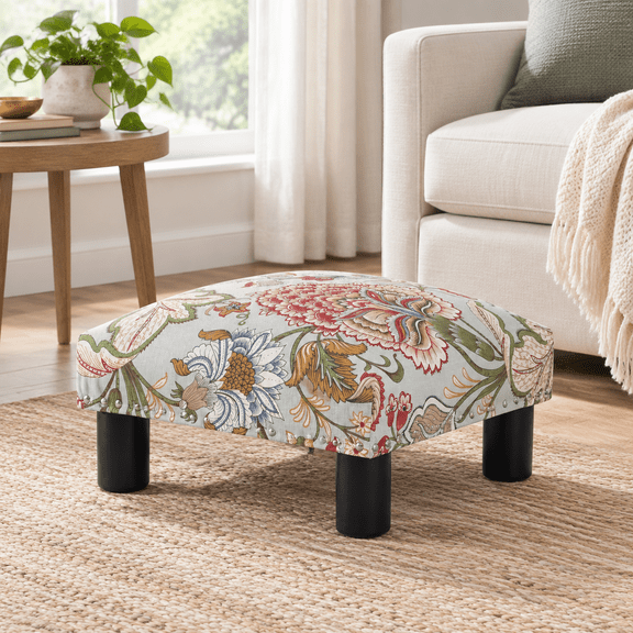 Boho Floral Fabric Square Small Foot Rest Ottoman, 16.69 x 16.10 x 5.16 in