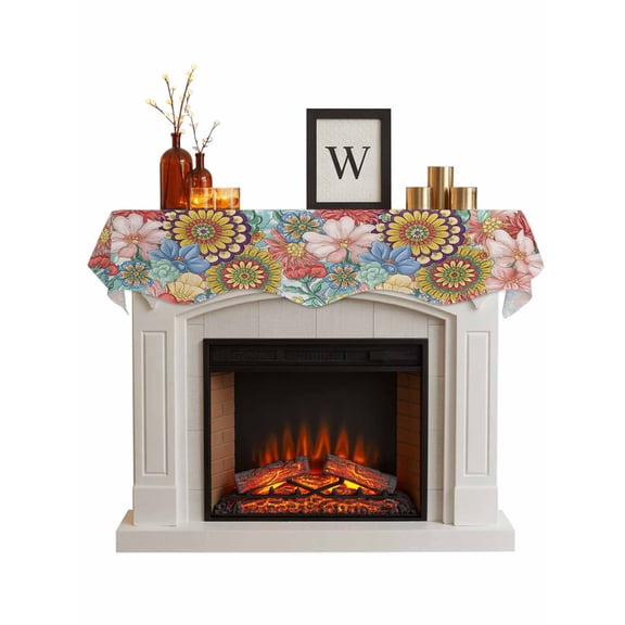 Boho Floral Fireplace Mantle Scarf, Bohemia Country Colorful Mandalas Flower Mantel Cover Table Runner for Home Living Room Door Window, Indoor Outdoor Holiday Party Decor 17" x 60"