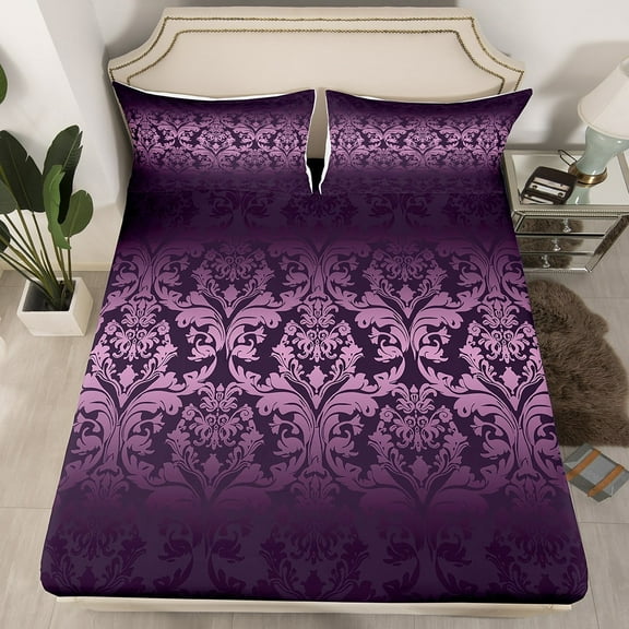 Boho Floral Fitted&nbsp;Sheet Victorian Bed&nbsp;Sheets Full,Gothic Paisley Sheets Baroque Vintage Damask Goth Bedding&nbsp;Set,Dark Purple Antique Exotic Flowers Bohemian(No Top Sheet)