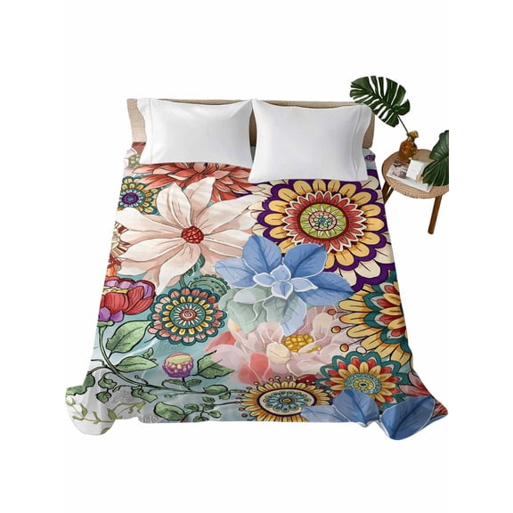 Boho Floral Flat Sheet Only Twin Size, Soft Breathable Bed Top Sheets for Mattress, Bohemia Colorful Mandalas Botanical Flower Luxury Bedding Flat Sheets for Home Hotel Bedroom Bed Protection