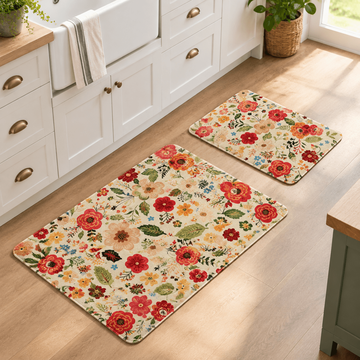 Boho Floral Flax Kitchen Mat Set of 2, Modern Farmhouse Bohemian Runner ...