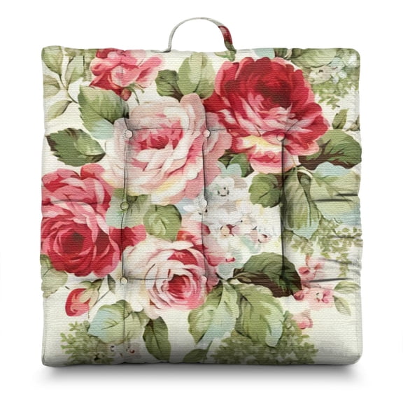 Boho Floral Floor Pillow Large 22 Inch Square Cushion, Rustic Floral Print, Dutch Velvet for Lounge & Reading Nook
