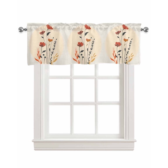 Boho Floral Flower Linen Curtain Valance for Bedroom/Bathroom/Kitchen/Living/Dining Room Window,Bohemian Botanical Middle Century Plant Pocket Topper Drapes Decorative Cafe Drapery Panel 54"x18"