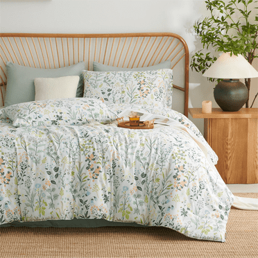 Boho Floral Green Botanical King Comforter Set with Colorful Flower Print Pattern Soft Comfortable and Lightweight Microfiber Bedding Set