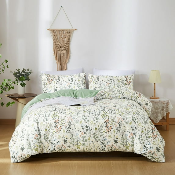 Boho Floral Green Reversible Duvet Cover Green Botanical Bedding Set with Colorful Flower Print Pattern Soft Microfiber Comforter Cover