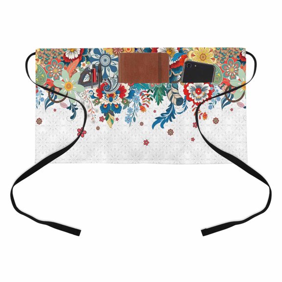 Boho Floral Half Waist Apron Abstract Bohemian Bloom Flower Colorful Plant Short Waiter Aprons with 3 Pockets for Women Men Kitchen Restaurant Cooking