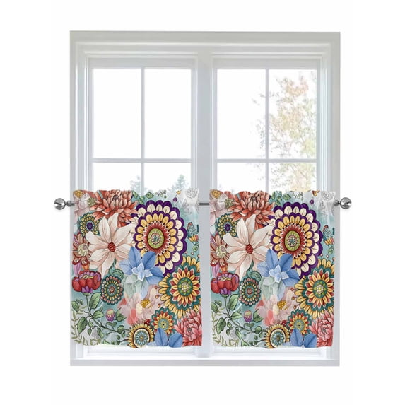 Boho Floral Half Window Curtains 24 Inches Long, Spring Vintage Abstract Art Flowers Window Treatment Curtain Drapes, Short Curtains Tiers for Kitchen Over Sink, 27.5"x24", 2 Panels
