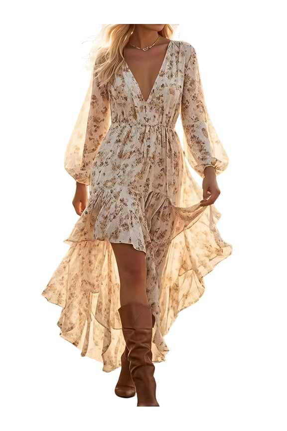 Boho Floral High Low Midi Dress, Deep V-Neck Lantern Sleeve Ruffle Hem Sun Dress, Flowy Casual Beach Vacation Party Gown