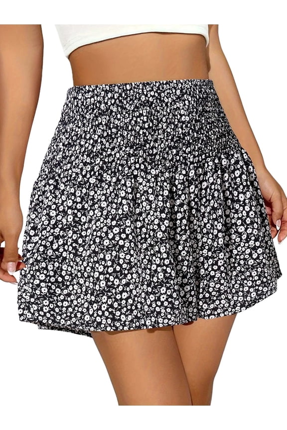 Boho Floral High Waist Drawstring Skorts for Women - Summer Ruffle Flowy Skirts Black L