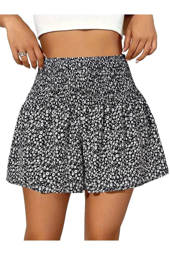 Boho Floral High Waist Drawstring Skorts for Women - Summer Ruffle Flowy Skirts Black M