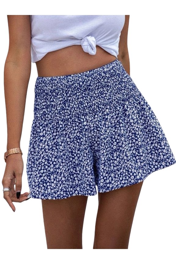 Boho Floral High Waist Drawstring Skorts for Women - Summer Ruffle Flowy Skirts Blue L