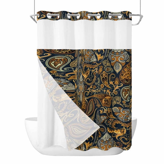 Boho Floral No Hook Shower Curtain Waterproof, Bathroom Curtains with Snap in Liners and See Through Top Window, Vintage Botanical Paisley Flower Hotel Style Bathtub Curtains Shower 60"Wx72"L