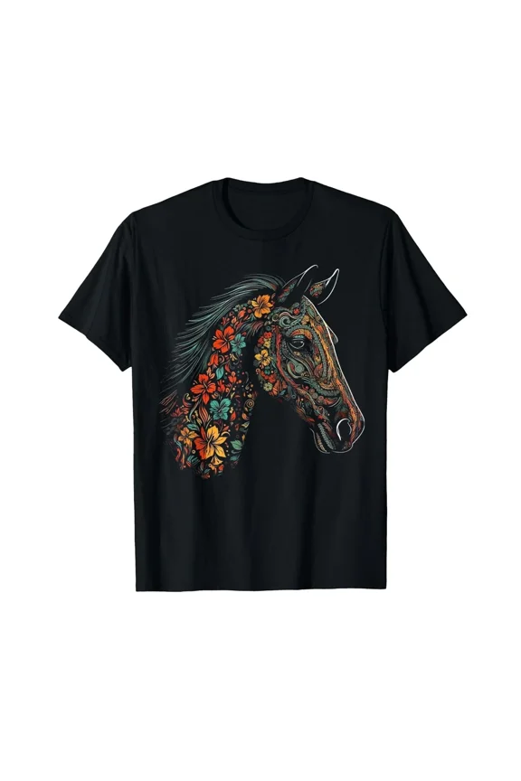 Boho Floral Horse Head Equine Botanical Graphic Country Equestrian Western Unisex T-Shirt, S-5XL