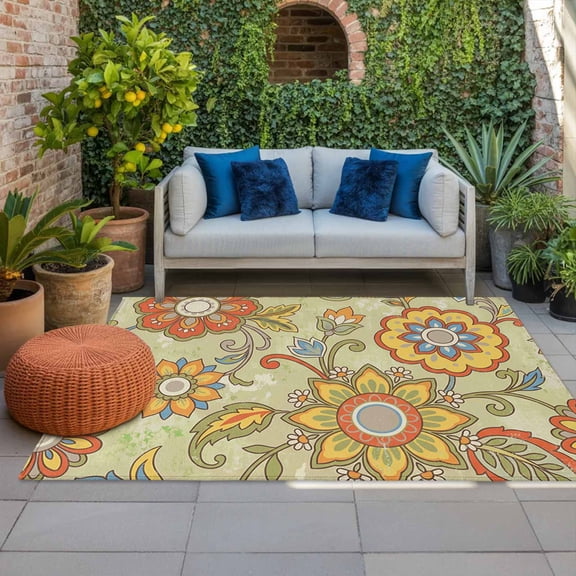 Boho Floral Indoor Outdoor Rugs 4x6 Ft, Yellow Orange Flower Leaf Abstract Yellow Outdoor Patio Rugs Mat Washable Outside Area Rugs Carpet for Porch Deck RV Camping Pool Balcony Backyard