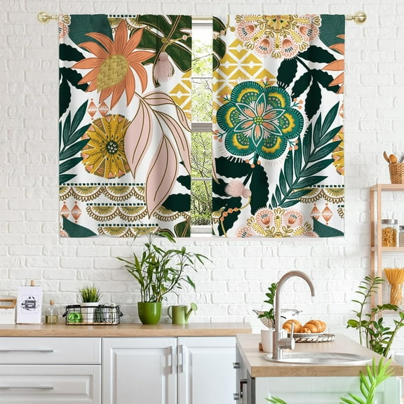 Boho Floral Kitchen Curtains 39 inch Length, Colorful Short Curtains for Small Window Cafe Store Bathroom Living Room, Rustic Rod Pocket Drapes, 2 Panels, 26x39