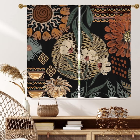 Black Boho Kitchen Curtains 40 inch Length, Bohemia Short Curtains for Small Window Cafe Store Kitchen Bathroom, Country Rod Pocket Drapes, 2 Panels, 28x40in