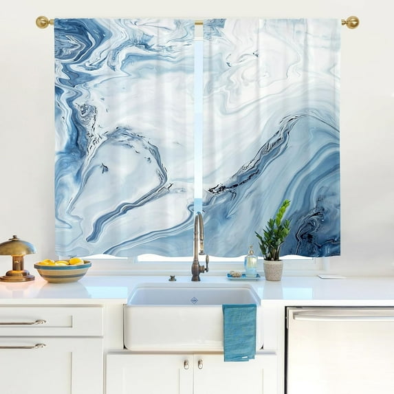Marble Kitchen Curtains 40 inch Length, Blue Short Curtains for Small Window Cafe Store Bathroom Living Room, Modern Abstract Rod Pocket Drapes, 2 Panels, 28x40
