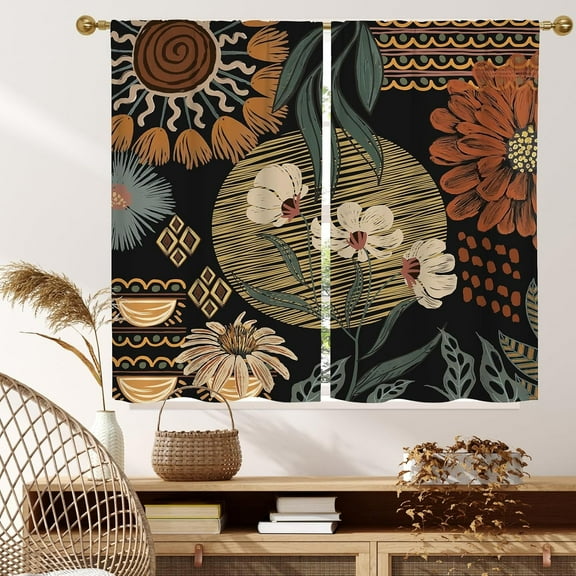 Black Boho Kitchen Curtains 40 inch Length, Bohemia Short Curtains for Small Window Cafe Store Kitchen Bathroom, Country Rod Pocket Drapes, 2 Panels, 28x40in