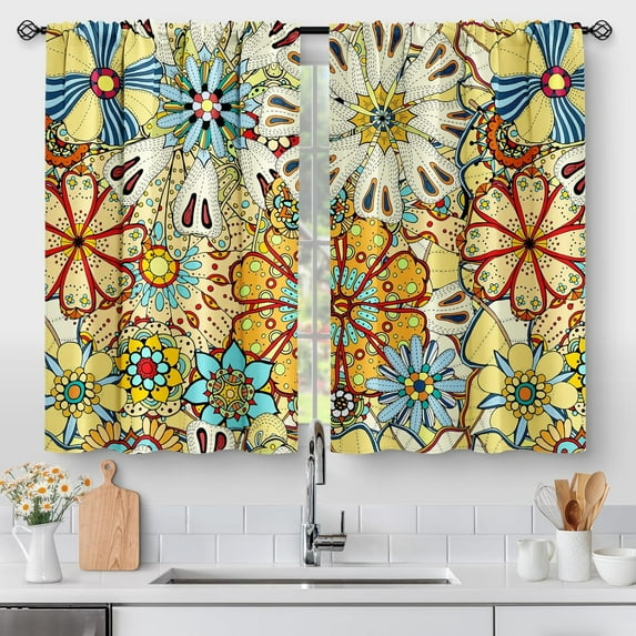 Boho Floral Kitchen Curtains - Bohemian Colorful Flowers Print Cafe Small Short Tier Window Curtains for Bathroom Living Room Decor Rod Pocket Window Drapes 36 Inch Length Set 28"x36"