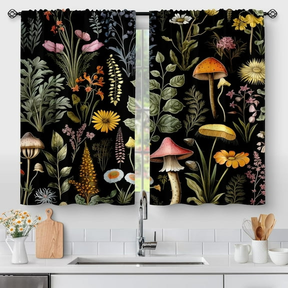 Boho Floral Kitchen Curtains - Bohemian Mushroom Vintage Plants Flowers Cafe Small Short Tier Window Curtains for Bathroom Living Room Decor Rod Pocket Window Drapes 36 Inch Length Set 28"x36"