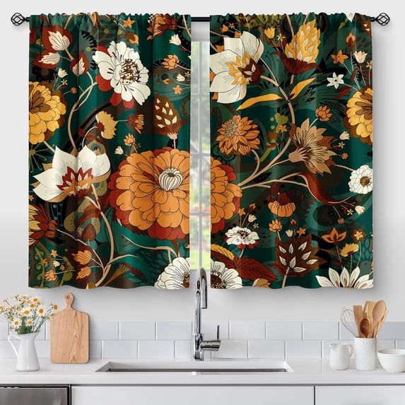 Boho Floral Kitchen Curtains - Bohemian Tropical Rustic Retro Flower Cafe Farmhouse Small Short Tier Window Curtains for Living Room Decor Rod Pocket Window Drapes 36 Inch Length Set 28"x36"