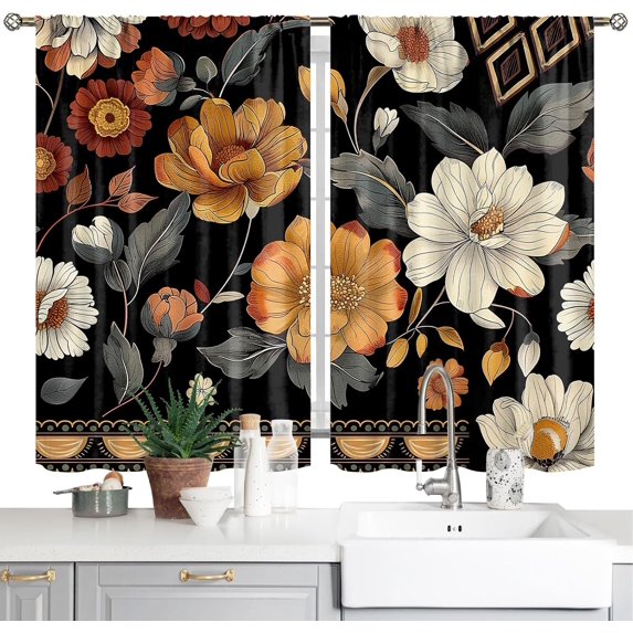 Boho Floral Kitchen Curtains Boho Short Curtains for Windows Small Cafe Window Curtains Black Country Rod Pocket Curtains For Bathroom Windows 2 Panels Drapes Treatment Tier Curtains (42x63 Inch)