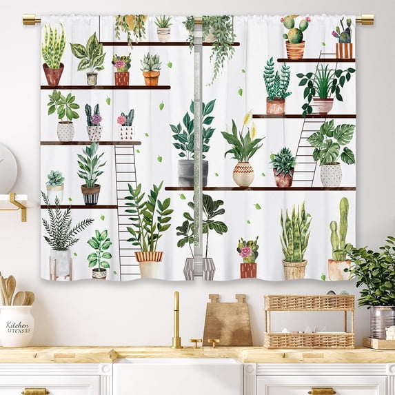 Boho Floral Kitchen Curtains Flower Green Plant Small Short Cafe Window Curtains Cactus Cottagecore Farmhouse Country Bathroom Window Drapes Treatment Tier Curtains 2 Panels (27.5x39 Inch)