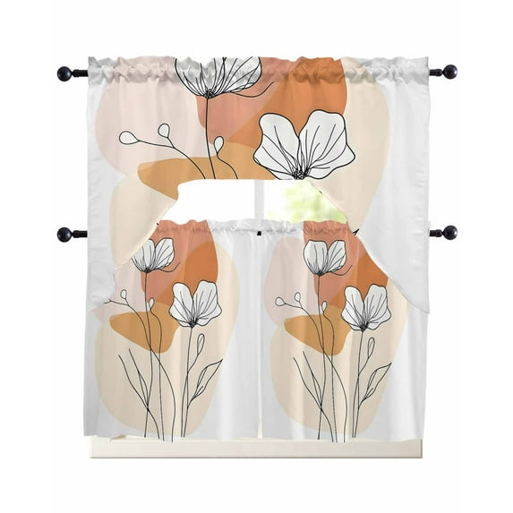 Boho Floral Kitchen Curtains Sets 36 Inch Length with Valance, Abstract Contemporary Minimalist Clean-lined Swag Valances and Tiers Curtain Set Drapes Swag Curtains for Living Room, Bathroom, Bedroom
