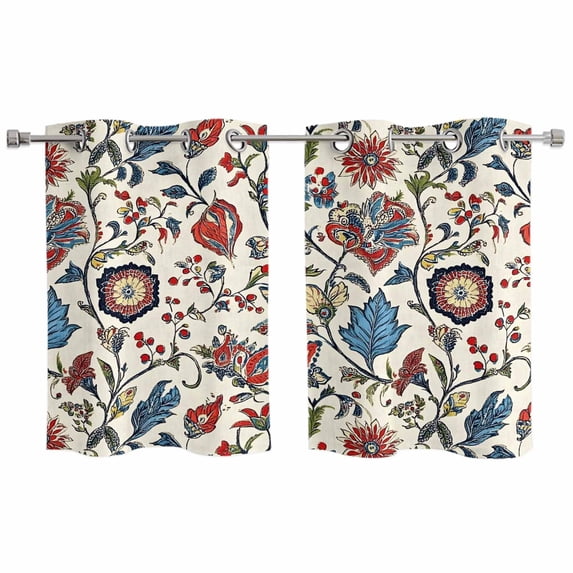 Boho Floral Kitchen Curtains Small Short 39 Inch Length, Blue Red Flower Vintage Petals Branch Leaf Grommet Bedroom Living Room Curtains, Light Filtering Cafe Curtain Drapes 2 Panels Set 55''x39''