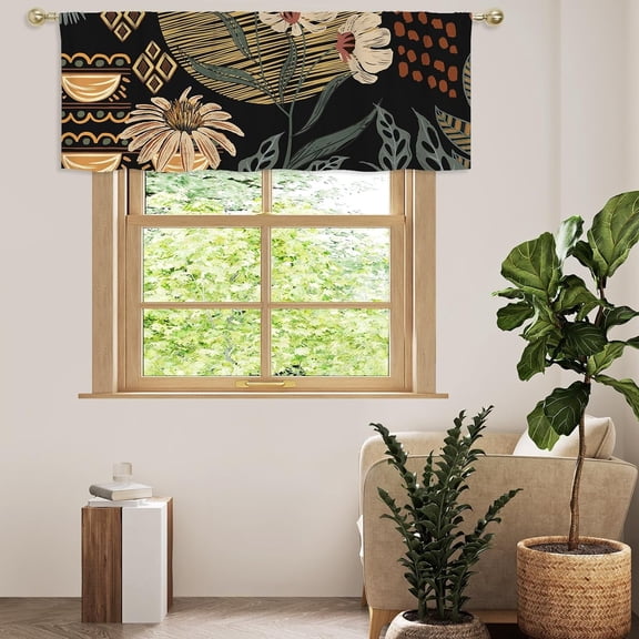 Boho Floral Kitchen Curtains Valances, Bohemian Plant Pattern Semi Sheer Kitchen Valances for Living Room, Black Rod Pocket Short Window Treatment Decor, 52x18
